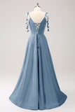 Blue A Line Spaghetti Straps Satin Floor Length Bridesmaid Dress with Slit Blue A Line Spaghetti Straps Satin Floor Length Bridesmaid Dress with Slit