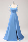 Blue A Line Spaghetti Straps Satin Floor Length Bridesmaid Dress with Slit Blue A Line Spaghetti Straps Satin Floor Length Bridesmaid Dress with Slit
