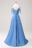 Blue A Line Spaghetti Straps Satin Floor Length Bridesmaid Dress with Slit Blue A Line Spaghetti Straps Satin Floor Length Bridesmaid Dress with Slit
