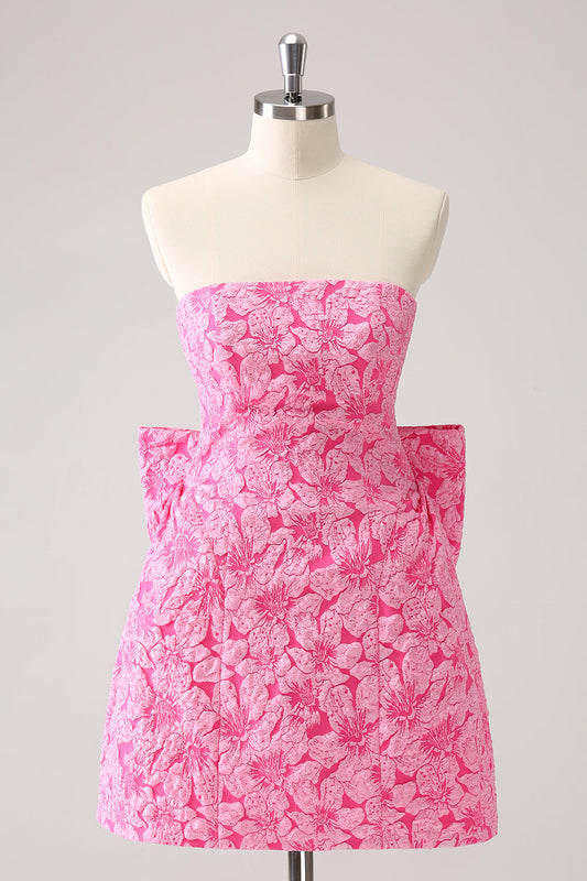 Fuchsia Floral Strapless Homecoming Dress With Bow A Line Short Cocktail Dress