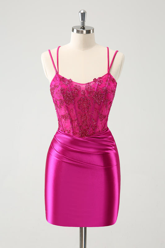 Fuchsia Corset Tight Short Homecoming Dress with Beadings