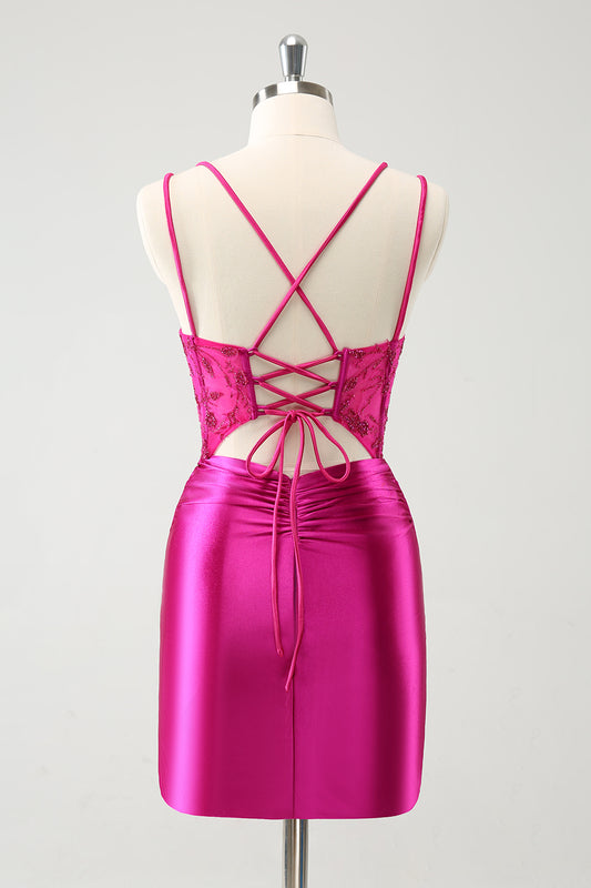 Fuchsia Corset Tight Short Homecoming Dress with Beadings