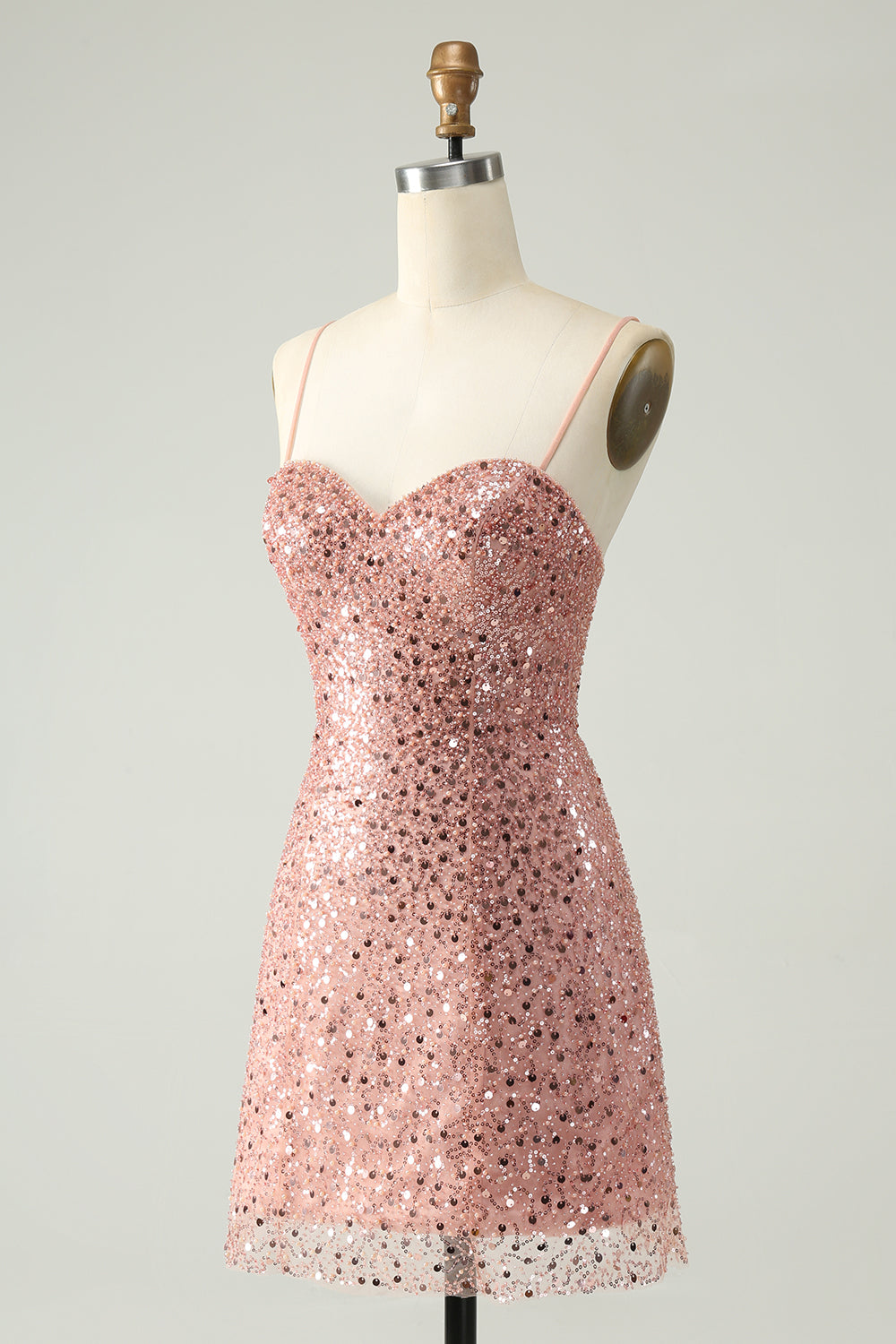 Sparkly Blush Spaghetti Straps Sequins A Line Short Homecoming Dress Sparkly Blush Spaghetti Straps Sequins A Line Short Homecoming Dress