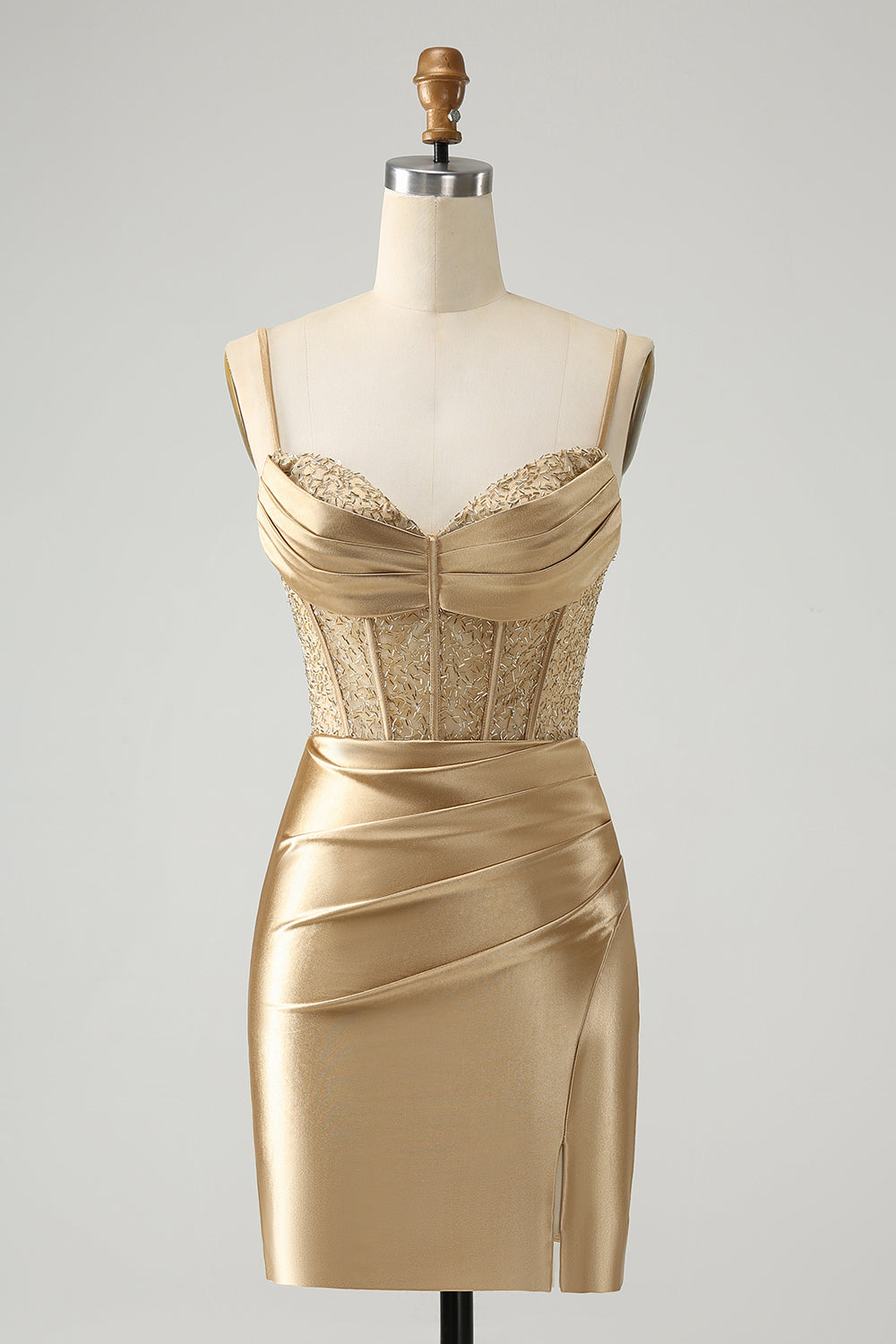 Zapakasa Women Golden Homecoming Dress with Slit Spaghetti Straps Bodycon Corset Satin Cocktail Party Dress, Golden / Custom Zapakasa Women Golden Homecoming Dress with Slit Spaghetti Straps Bodycon Corset Satin Cocktail Party Dress, Golden / Custom