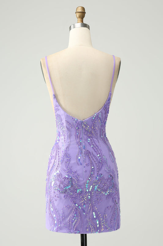 Sparkly Purple Spaghetti Straps Tight Short Homecoming Dress with Sequins