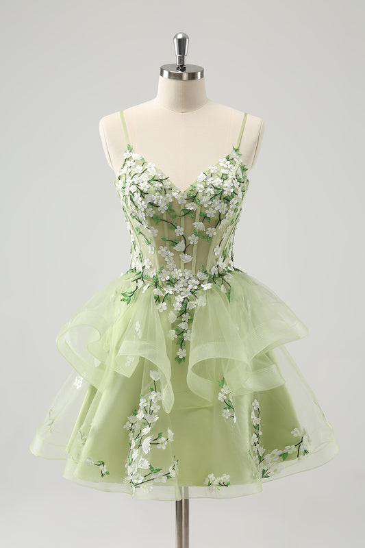 Zapaka Women Light Green Corset A Line Short Homecoming Dress with 3D Flowers Spaghetti Straps Hoco Dress