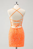 Sparkly Orange Lace-Up Back Tight Short Homecoming Dress with Sequins Sparkly Orange Lace-Up Back Tight Short Homecoming Dress with Sequins