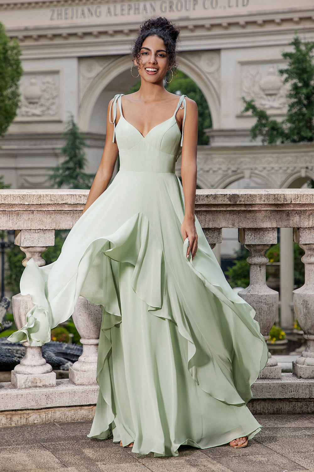 Zapakasa Women Matcha Chiffon Bridesmaid Dress with Ruffles A Line Spaghetti Straps Wedding Party Dress Zapakasa Women Matcha Chiffon Bridesmaid Dress with Ruffles A Line Spaghetti Straps Wedding Party Dress