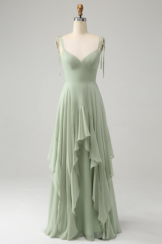 Matcha Chiffon Bridesmaid Dress with Ruffles A-Line Spaghetti Straps Wedding Party Dress