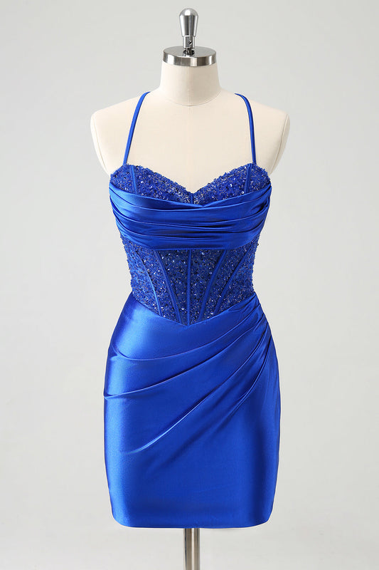 Sparkly Royal Blue Corset Tight Homecoming Dress with Lace Up Back Short Spaghetti Straps Hoco Dress