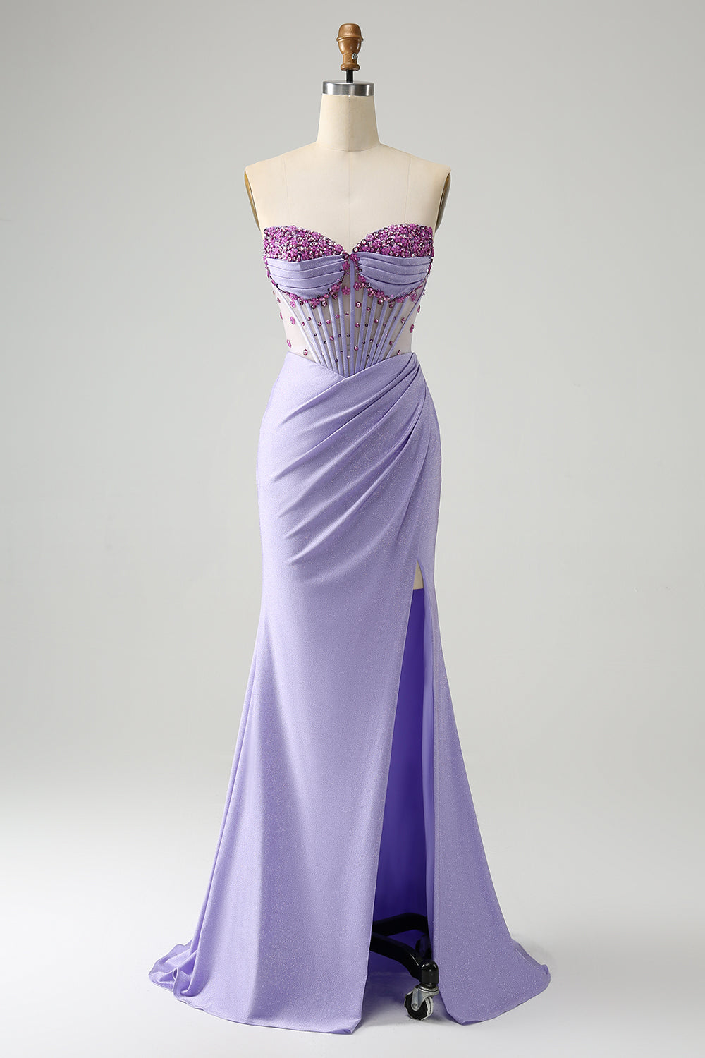Light Purple Mermaid Strapless Ruched Beaded Corset Prom Dress with Slit Light Purple Mermaid Strapless Ruched Beaded Corset Prom Dress with Slit