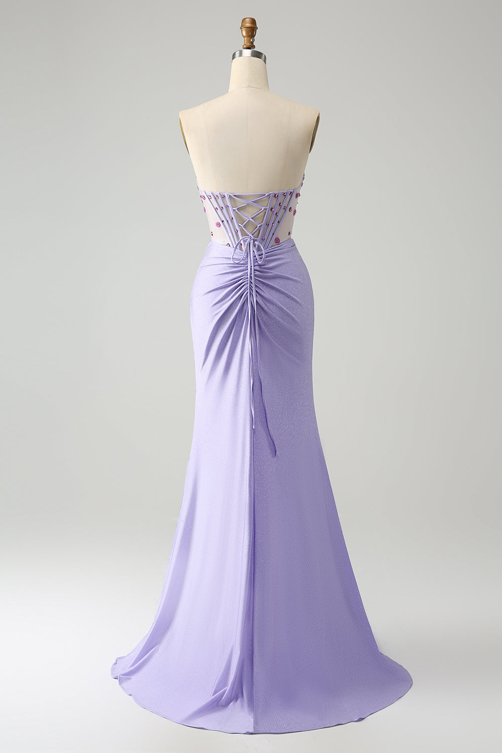 Light Purple Mermaid Strapless Ruched Beaded Corset Prom Dress with Slit Light Purple Mermaid Strapless Ruched Beaded Corset Prom Dress with Slit