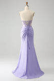 Light Purple Mermaid Strapless Ruched Beaded Corset Prom Dress with Slit Light Purple Mermaid Strapless Ruched Beaded Corset Prom Dress with Slit