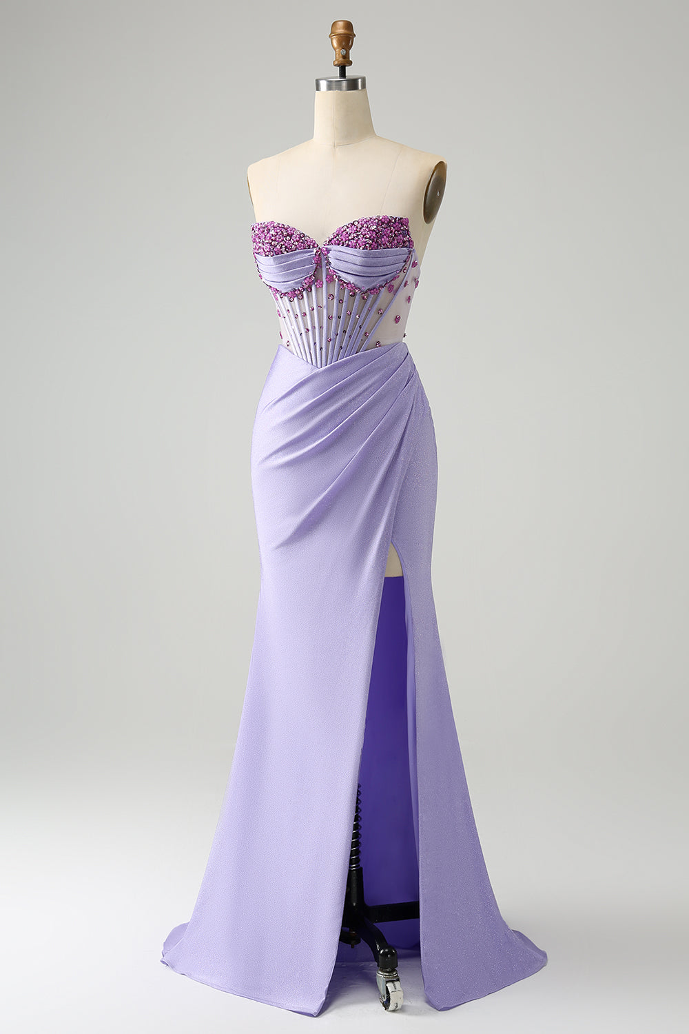 Light Purple Mermaid Strapless Ruched Beaded Corset Prom Dress with Slit Light Purple Mermaid Strapless Ruched Beaded Corset Prom Dress with Slit
