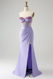 Light Purple Mermaid Strapless Ruched Beaded Corset Prom Dress with Slit Light Purple Mermaid Strapless Ruched Beaded Corset Prom Dress with Slit