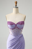 Light Purple Mermaid Strapless Ruched Beaded Corset Prom Dress with Slit Light Purple Mermaid Strapless Ruched Beaded Corset Prom Dress with Slit
