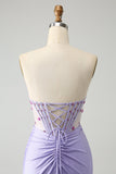 Light Purple Mermaid Strapless Ruched Beaded Corset Prom Dress with Slit Light Purple Mermaid Strapless Ruched Beaded Corset Prom Dress with Slit