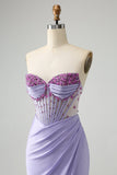 Light Purple Mermaid Strapless Ruched Beaded Corset Prom Dress with Slit Light Purple Mermaid Strapless Ruched Beaded Corset Prom Dress with Slit