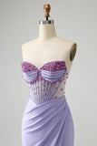 Light Purple Mermaid Strapless Ruched Beaded Corset Prom Dress with Slit Light Purple Mermaid Strapless Ruched Beaded Corset Prom Dress with Slit