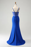 Sparkly Royal Blue Mermaid Beaded Corset Long Prom Dress with Slit Sparkly Royal Blue Mermaid Beaded Corset Long Prom Dress with Slit