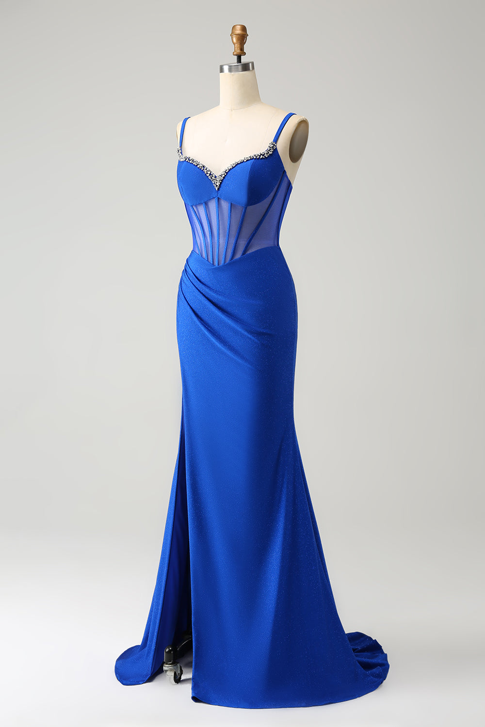 Sparkly Royal Blue Mermaid Beaded Corset Long Prom Dress with Slit Sparkly Royal Blue Mermaid Beaded Corset Long Prom Dress with Slit