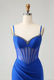 Sparkly Royal Blue Mermaid Beaded Corset Long Prom Dress with Slit Sparkly Royal Blue Mermaid Beaded Corset Long Prom Dress with Slit
