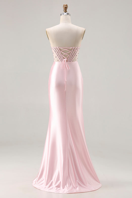 Sparkly Pink Satin Mermaid Beaded Long Corset Prom Dress with Slit