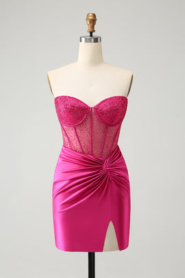 Sparkly Strapless Fuchsia Tight Short Homecoming Dress with Beadings