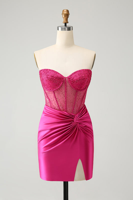 Sparkly Strapless Fuchsia Tight Short Homecoming Dress with Beadings