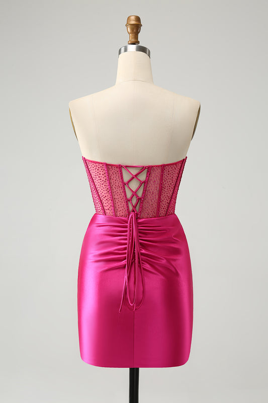 Sparkly Strapless Fuchsia Tight Short Homecoming Dress with Beadings