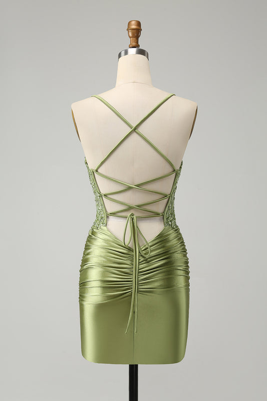 Sparkly Corset Light Green Tight Short Homecoming Dress with Beadings