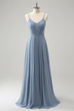 Grey Blue Chiffon Corset A Line Spaghetti Straps Pleated Long Bridesmaid Dress Grey Blue Chiffon Corset A Line Spaghetti Straps Pleated Long Bridesmaid Dress