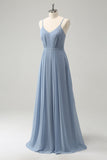 Grey Blue Chiffon Corset A Line Spaghetti Straps Pleated Long Bridesmaid Dress Grey Blue Chiffon Corset A Line Spaghetti Straps Pleated Long Bridesmaid Dress
