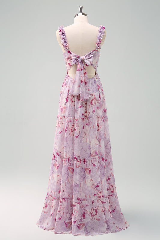 Grey Purple A Line Floral Bridesmaid Dress