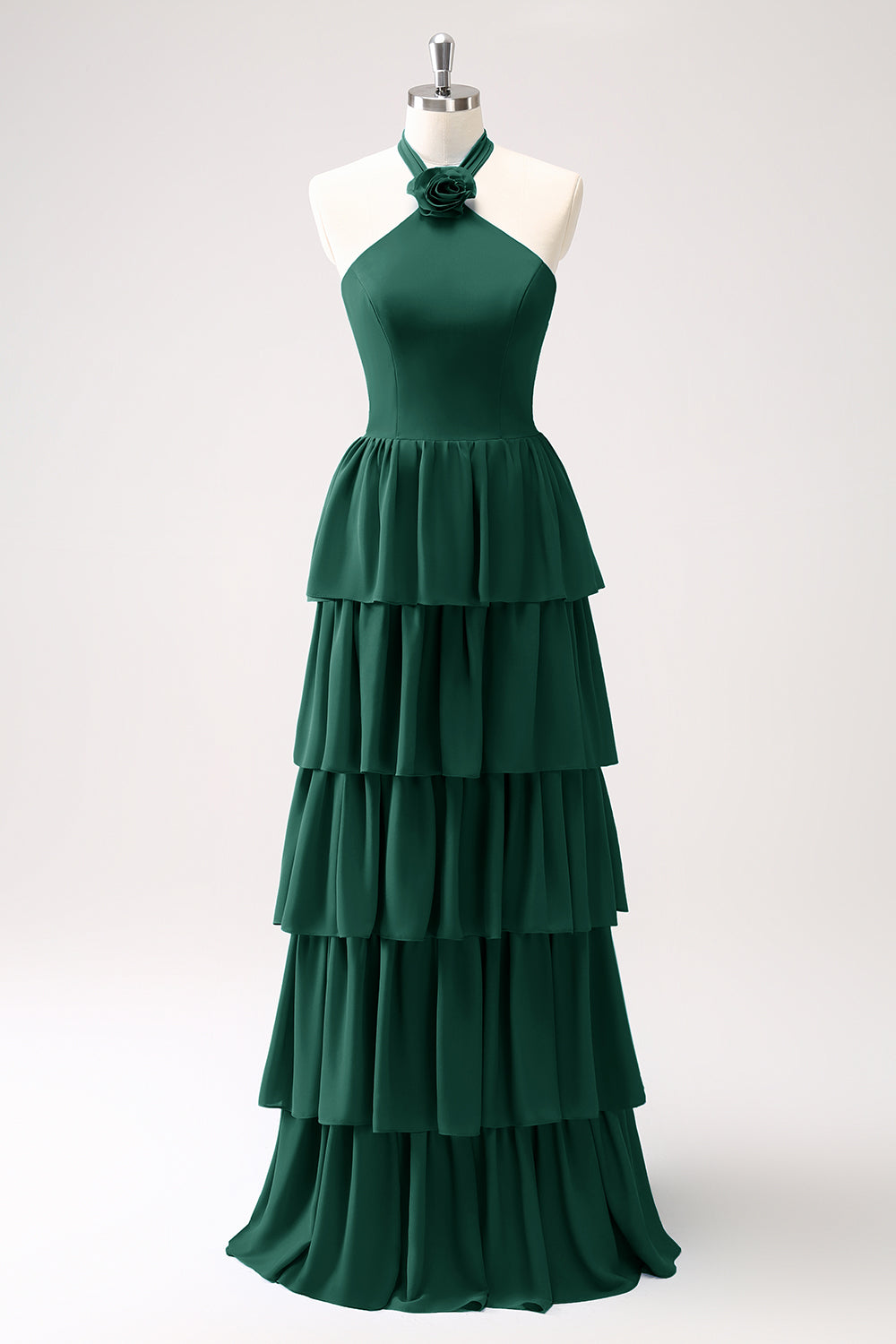 Zapaka Women Pine Tiered Bridesmaid Dress with Flower Chiffon A-Line Wedding Guest Dress
