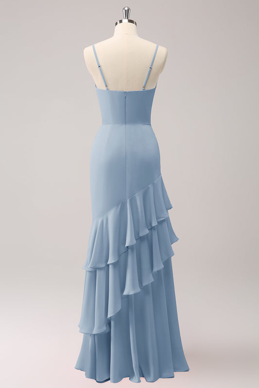 Dusty Blue Spaghetti Straps Mermaid Bridesmaid Dress with Ruffles