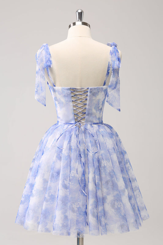 Blue Corset A Line Short Floral Homecoming Dress