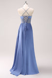 Sparkly Blue Spaghetti Straps Corset Prom Dress with Lace-Up Back Sparkly Blue Spaghetti Straps Corset Prom Dress with Lace-Up Back