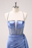 Sparkly Blue Spaghetti Straps Corset Prom Dress with Lace-Up Back Sparkly Blue Spaghetti Straps Corset Prom Dress with Lace-Up Back