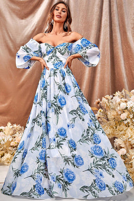 White Blue Flower A Line Long Prom Dress with Ruffled Sleeves