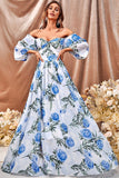 White Blue Flower A Line Long Prom Dress with Ruffled Sleeves White Blue Flower A Line Long Prom Dress with Ruffled Sleeves