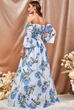White Blue Flower A Line Long Prom Dress with Ruffled Sleeves White Blue Flower A Line Long Prom Dress with Ruffled Sleeves