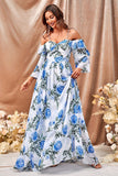 White Blue Flower A Line Long Prom Dress with Ruffled Sleeves White Blue Flower A Line Long Prom Dress with Ruffled Sleeves