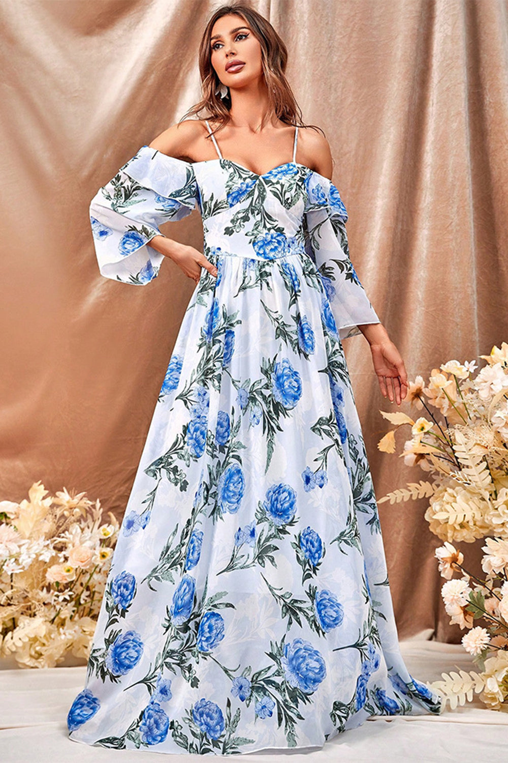 White Blue Flower A Line Long Prom Dress with Ruffled Sleeves White Blue Flower A Line Long Prom Dress with Ruffled Sleeves