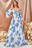 White Blue Flower A Line Long Prom Dress with Ruffled Sleeves White Blue Flower A Line Long Prom Dress with Ruffled Sleeves
