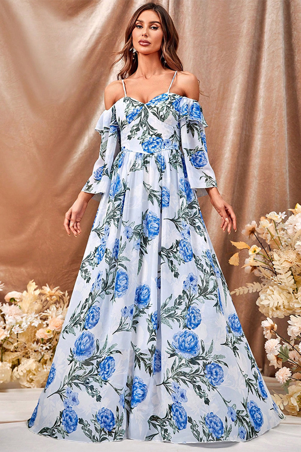White Blue Flower A Line Long Prom Dress with Ruffled Sleeves White Blue Flower A Line Long Prom Dress with Ruffled Sleeves