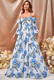 White Blue Flower A Line Long Prom Dress with Ruffled Sleeves White Blue Flower A Line Long Prom Dress with Ruffled Sleeves
