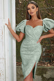 Green Sweetheart Neck Puff Sleeve Cocktail Party Dress with Side Slit Green Sweetheart Neck Puff Sleeve Cocktail Party Dress with Side Slit
