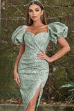 Green Sweetheart Neck Puff Sleeve Cocktail Party Dress with Side Slit Green Sweetheart Neck Puff Sleeve Cocktail Party Dress with Side Slit