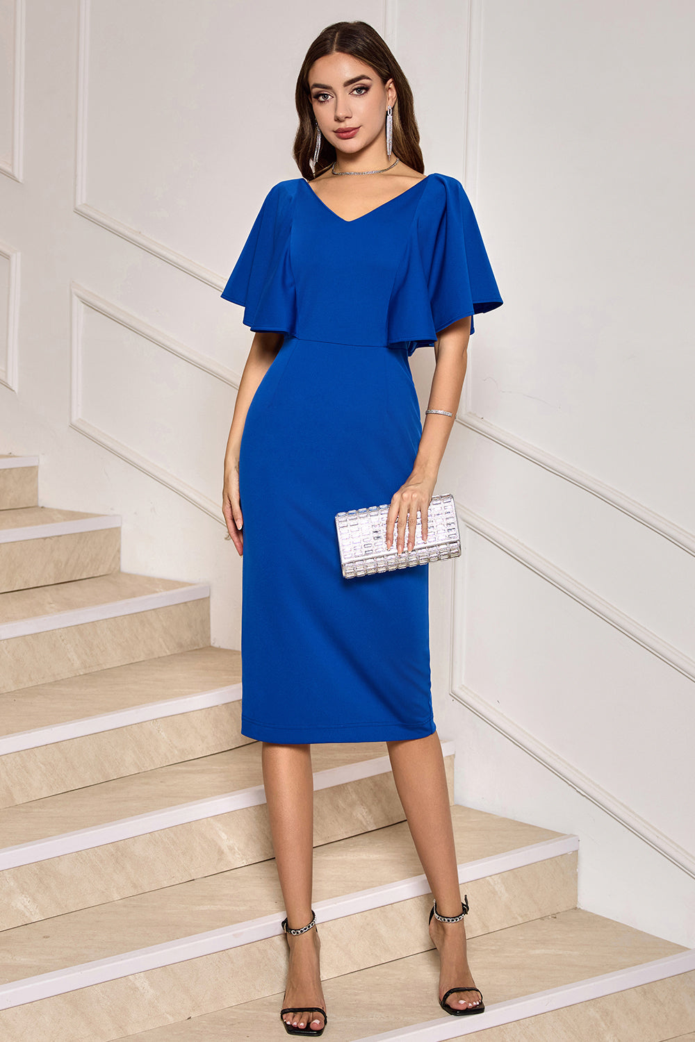Zapakasa Women Royal Blue Bodycon Cocktail Dress with Short Sleeves V-Neck Party Dress Zapakasa Women Royal Blue Bodycon Cocktail Dress with Short Sleeves V-Neck Party Dress